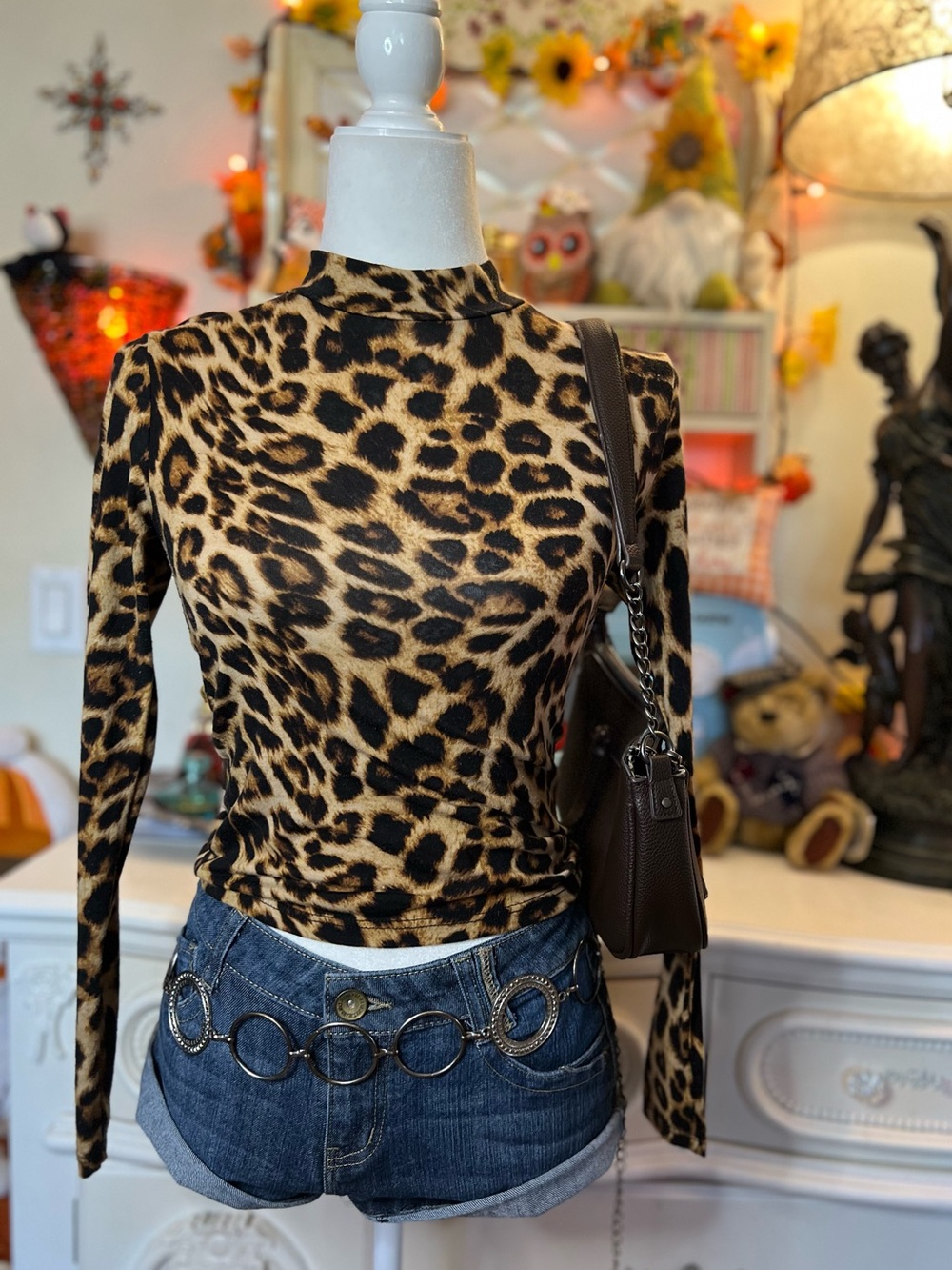 Leopard-Print Mock Neck Long Sleeve Top - Tan, Black